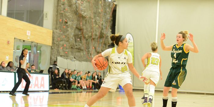picture of a Centennial College Colts womens basketball player dribbling the ball